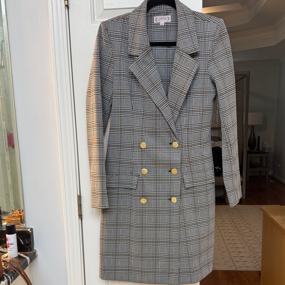 Nanette Lepore Gray Plaid Blazer Coat with Gold Buttons